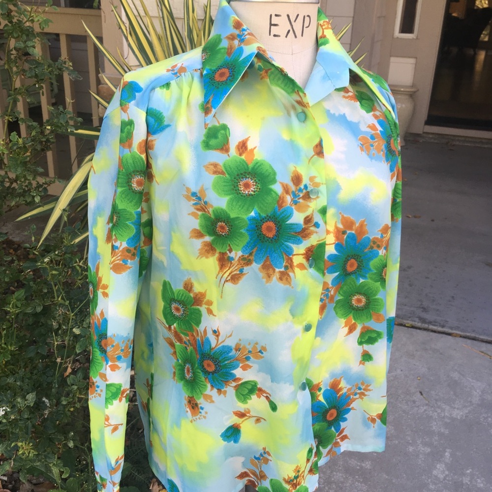 Vintage seventies polyester floral blouse size med